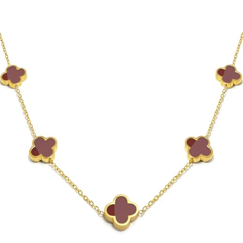 Four Leaf Clover Necklace 18K Gold Plated Necklaces for Women Lucky Flower Pendant Adjustable Link Chain Stainless Steel Dainty Trendy Simple Jewelry Gifts for Women - color: 5G-Red