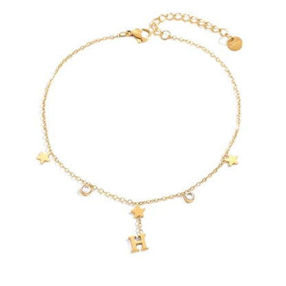 Initial Anklet for Women, 18K Gold Plated Waterproof Ankle Bracelet, Star CZ Letter A-Z Personalized Beach Foot Jewelry - color: H