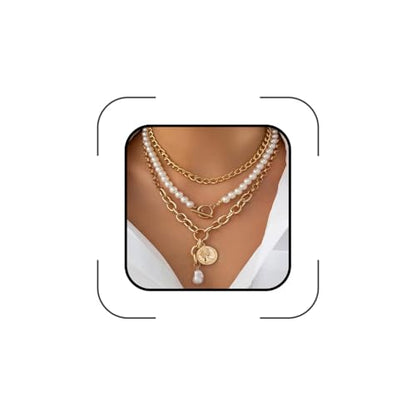 Chunky Pearl Layered Necklaces for Women Gold Big Statement Choker Necklace Set Charm Pearl Coin Pendant Necklace Trendy Jewelry Accessories Gifts - color: Gold2