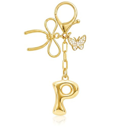 Gold Bubble Heart, Cherry, Bow & More Designs Letter Initial Keychain Bag Charms – Cute Purse Charms for Handbags - color: Bow & Butterfly, style: P