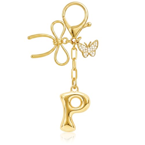 Gold Bubble Heart, Cherry, Bow & More Designs Letter Initial Keychain Bag Charms – Cute Purse Charms for Handbags - color: Bow & Butterfly, style: P