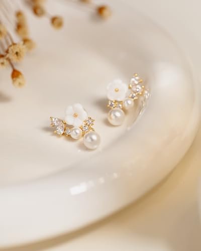 Pearl Earrings for Women Trendy Dainty Wedding Earring 14K Gold Plated/Silver Plated Dainty Cute Drop Dangle Pearl Earrings Studs Hypoallergenic CZ Diamond Wedding Earrings for Brides Prom Jewelry Gift for Women - color: 01.Gold flower