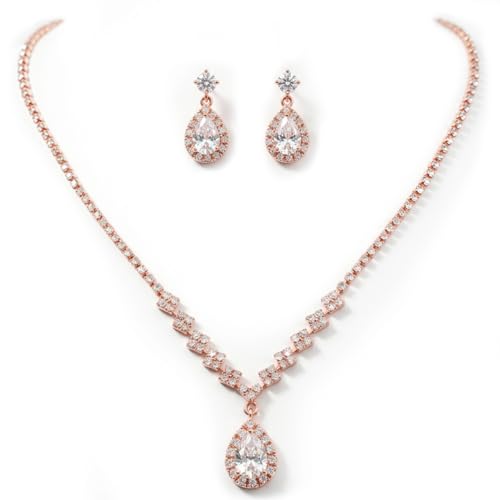 Unicra Bride Crystal Necklace Earrings Set Bridal Wedding Jewelry Sets Rhinestone Choker Necklace Prom Costume Jewelry Set for Women and Brides - color: Rose Gold