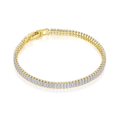 MINDDHA 14K Gold/White Gold Plated Cubic Zirconia Tennis Bracelet | Silver, Gold Bracelet for Women | Rectangle, Square, Round Shape CZ Stone | Width 2.5-4mm | Size 6-8 Inch - color: 4mm Rectangle Yellow Gold, size: 8 Inch