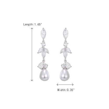 Crysdue Simulated Pearl Earrings for Women, Dainty Silver/Gold/Rose Gold Plated Cubic Zirconia Drop Dangle Earrings Wedding Jewelry for Bride Bridesmaid - style: E_CZ+pearl, silver
