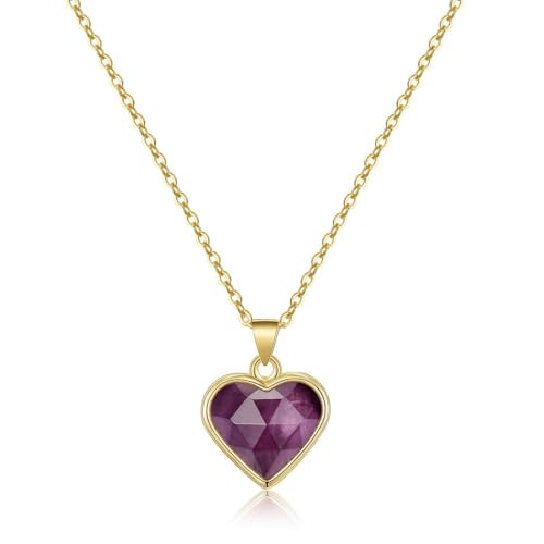 KissYan Healing Crystal Necklace, 14K Gold Plated Natural Stone Pendant Necklace Reiki Quartz Amethyst Citrine Gemstone Spiritual Jewelry Gifts for Women Girls - color: H-Amethyst-Heart