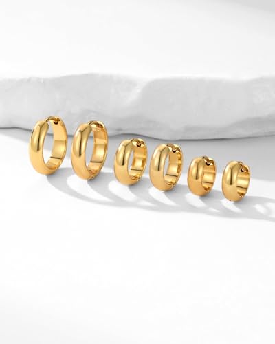 316L Surgical Stainless Steel 3Pairs 14K Gold Plated Hoop Earrings Set for Women Chunky Earring Hypoallergenic Small Huggie Hoops Lightweight Trendy Hoop Earrings Stacks for Multiple Piercing