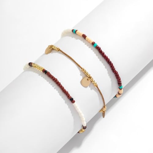 Qceasiy Starfish Ankle Bracelets for Women, Boho Beaded Beach Anklets Set | Gold-plated layered anklets in seashell, disc, and conch styles, with stretch or adjustable fits for summer beach outfits. - color: Brown 1