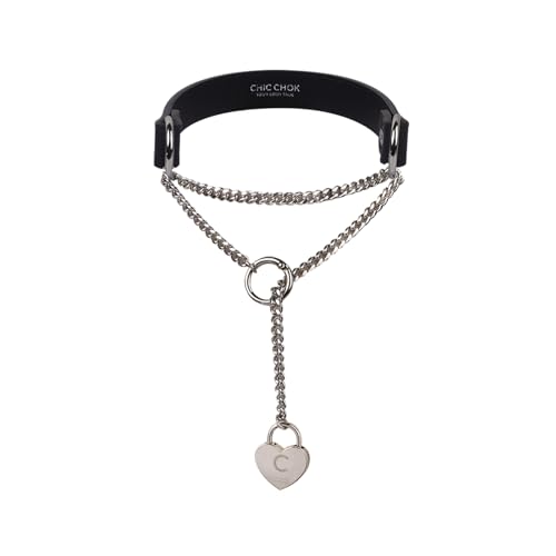 Heart Slip Chain Necklace Black Punk Gothic Leather Choker Collar Necklaces for Women - size: Large
