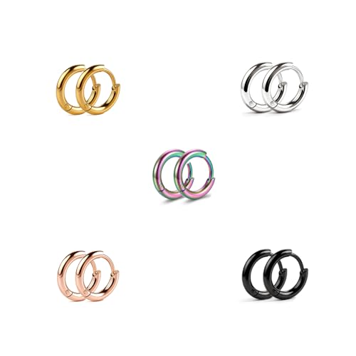 Small Gold Silver Hoop Earrings for Women Men | Stainless Steel Huggie Hoops Earring Stacks for Multiple Piercing 6mm-16mm - color: 8mm (5 Colors), 5 Pairs