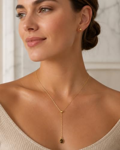 Lariat Gold Necklace for Women Dainty Long Necklaces 14k Gold Plated Tiger Eye Teardrop Pendant Y-Shaped Drop Necklaces for Women Trendy Gold Jewelry for Prom Vacation Gifts