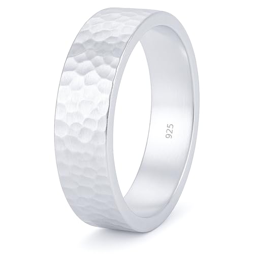 925 Sterling Silver Wedding Ring Hammered Flat Pipe Cut Textured Thick & Durable Handmade Unisex Mens & Women Rustic Engagement Promise Band - US Size 4-13 - Custom Engraving - color: 01 - 5mm Silver