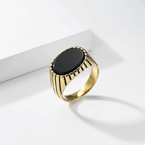 Oval Zircon Men's Grooved Signet | Retro Chunky Stainless Steel Geometric Band, Cool Industrial Statement Jewelry for Him, Biker Fashion Accessory - color: Oval Gold