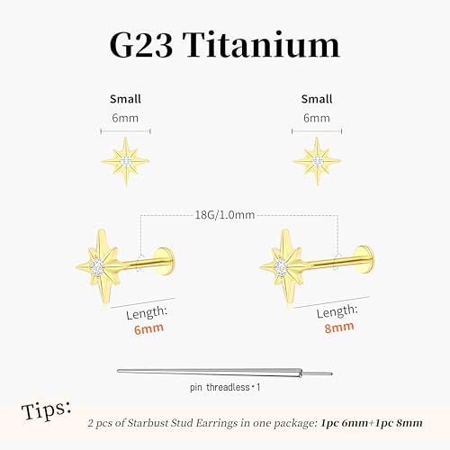 Flat Back Stud Cartilage Earrings Tragus Helix Piercing Jewelry Titanium | Conch Nose Piercing,Small Tiny Studs for Women,Threadless/Internally Threaded,Surgical Steel,Hypoallergenic,16G/18G/20G - color: Gold02-Starburst (6mm*1+8mm*1), size: Threadless-18