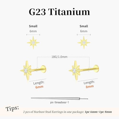 Flat Back Stud Cartilage Earrings Tragus Helix Piercing Jewelry Titanium | Conch Nose Piercing,Small Tiny Studs for Women,Threadless/Internally Threaded,Surgical Steel,Hypoallergenic,16G/18G/20G - color: Gold02-Starburst (6mm*1+8mm*1), size: Threadless-18