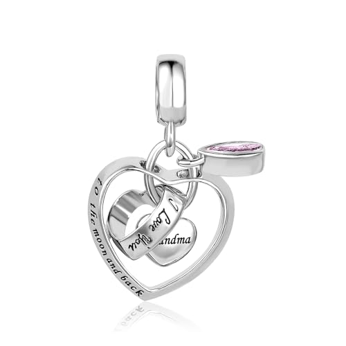 Interlocking Love Heart Dangle Charm fits Pandora Charms Bracelets with Pink Birthstone Cubic Zirconia I Love You to the Moon and Back - style: I Love You to the moon and back Grandma