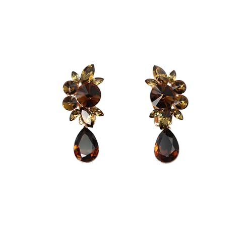 Faship Statement Dangling Floral Clip On Earrings For Women - color: Smoked Topaz Brown / Rose Gold Plated
