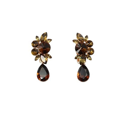 Faship Statement Dangling Floral Clip On Earrings For Women - color: Smoked Topaz Brown / Rose Gold Plated