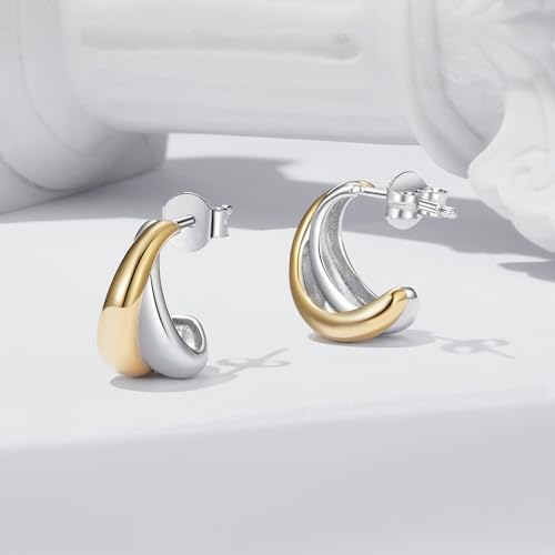 14K Gold Plated Two-Tone Oval Hoop Earrings for Women, Water Drop Design Lightweight Huggie Earrings,925 Sterling Silver Posts Double Drop Chunky Hoops Hypoallergenic Ear Buckles - color: Gold Two Tone Drop