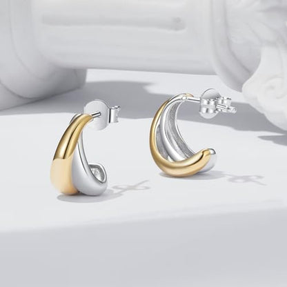 14K Gold Plated Two-Tone Oval Hoop Earrings for Women, Water Drop Design Lightweight Huggie Earrings,925 Sterling Silver Posts Double Drop Chunky Hoops Hypoallergenic Ear Buckles - color: Gold Two Tone Drop