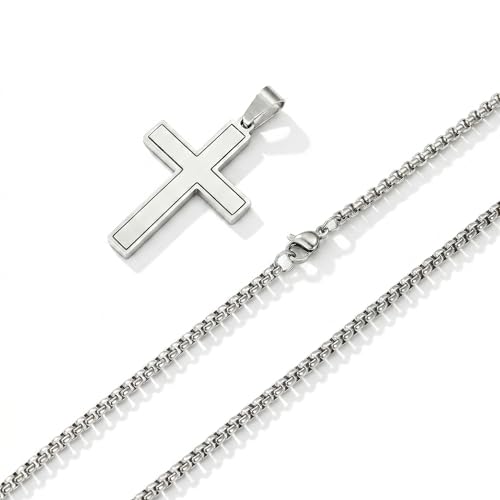 Grace Whisper Cross Necklace for Men Women-18K Gold Plated 316L Stainless Steel Double-Layer Hollow Cross Pendant with 2mm Box Chain Silver/Gold/Black 18/20/22/24 Inch Necklace Minimalist Religious Christian Baptism Jewelry Gift - color: Silver, size: 20