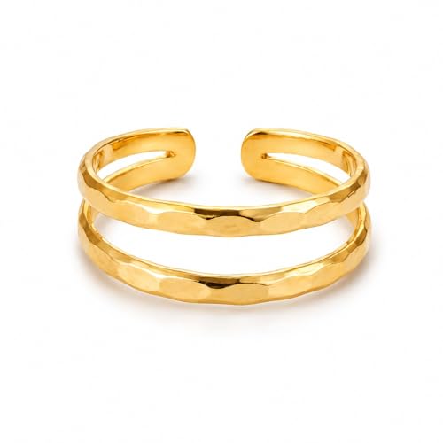 Gold Plated Toe Ring for Women, Adjustable Open Band, Handmade | Fits Toe, Knuckle or Pinky Ring | One Size Fits Most | Comfortable to Wear | Minimalist Style | Water Resistant - color: Double BanHammered 1