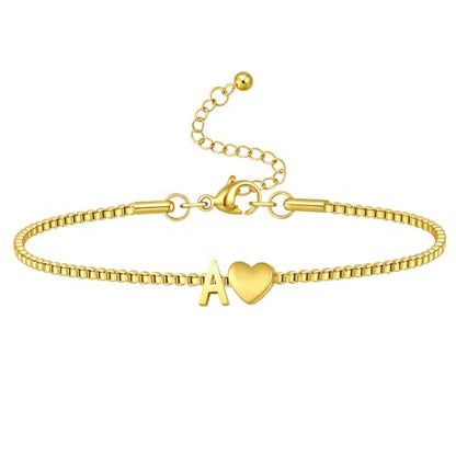 Gold Initial Bracelet for Women Dainty Personalized Name Bracelet | 14K Gold Plated, Letter A-Z Bracelet, Tiny Gold Initial Cute Heart Bracelet Jewelry Gift - color: A