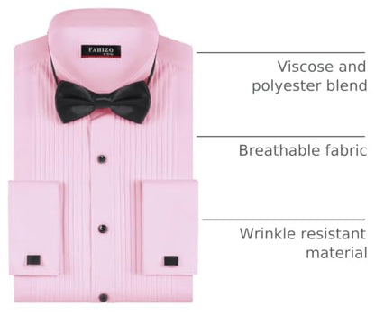 FAHIZO Men's White Tuxedo Shirt with Wing Collar, French Cuffs & Accessories - color: Bow Tie/Pink, size: Small