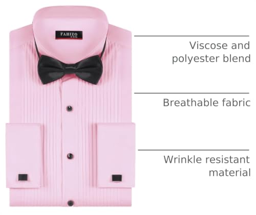 FAHIZO Men's White Tuxedo Shirt with Wing Collar, French Cuffs & Accessories - color: Bow Tie/Pink, size: X-Large