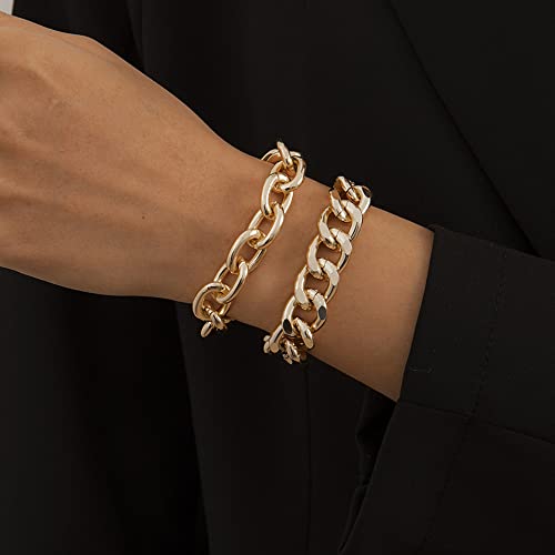 Boho Fashion Dainty Simple Gold Silver Chain Beads Bracelets Set for Women Adjustable Beaded Chunky Flat Cable Chain Punk Bracelets Jewelry for Women Set of 2(Gold) - color: Gold
