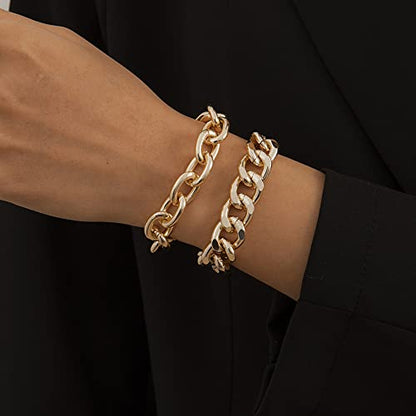Boho Fashion Dainty Simple Gold Silver Chain Beads Bracelets Set for Women Adjustable Beaded Chunky Flat Cable Chain Punk Bracelets Jewelry for Women Set of 2(Gold) - color: Gold