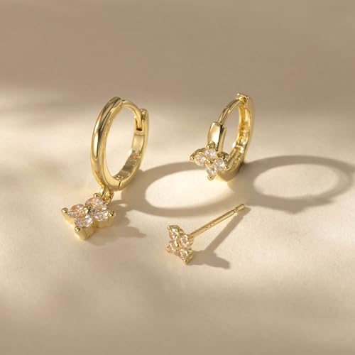 3 Pairs Earring Stacks, Gold Earring Set Jewelry Gift for Women | Small, 14K Gold/White Gold/Black/Rose Gold Plated, Hypoallergenic, Her, Everday, Stackable, Simple, 3 Holes - color: Gold-Clover