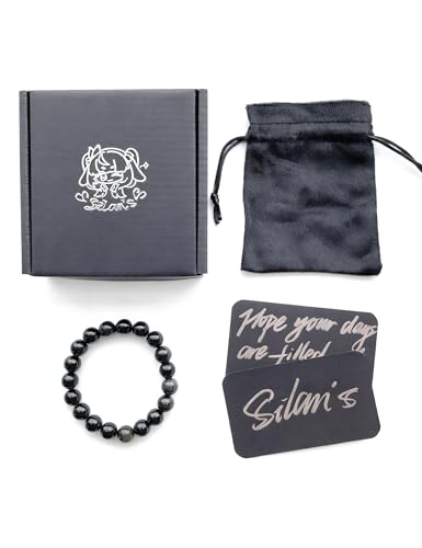 Silan's Natural Obsidian Bracelet with Lucky Card, Black Crystal Stretch Gift for Women, Elastic Adjustable Stone Jewelry - size: 8mm