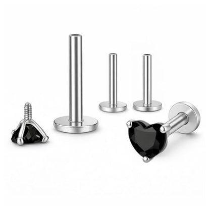 Titanium Heart CZ Labret Stud Earrings for Piercings by Ginger Lyne 6Pc Set G23 Screw Front Flat Back Body Jewelry 2 pair post 6mm, 8mm Cartilage, Helix, Tragus, Lip, Conch, Lobe - color: 5mm-Black
