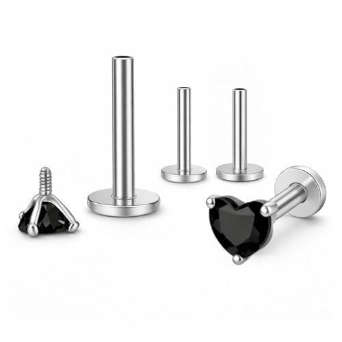 Titanium Heart CZ Labret Stud Earrings for Piercings by Ginger Lyne 6Pc Set G23 Screw Front Flat Back Body Jewelry 2 pair post 6mm, 8mm Cartilage, Helix, Tragus, Lip, Conch, Lobe - color: 5mm-Black