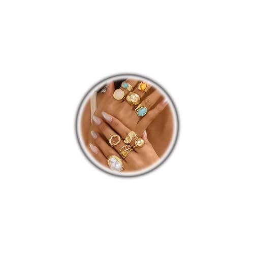 GIGB PBDK Gold Chunky Hammered Dome Resin Rings,Open Adjustable Baroque Pearl Stackable Knuckle Finger Rings Set Party Jewelry Trendy Accessories Gift for Women