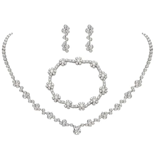 1 Piece Silver Jewelry Sets for Women Rhinestone Necklace Earrings Bracelet Set Prom Jewelry Bridal Bridemaid