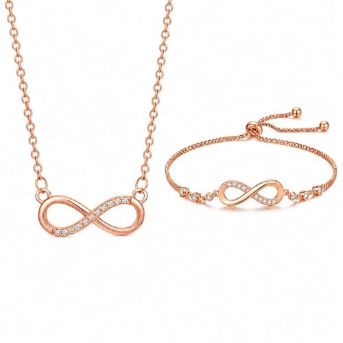 Nilu's Collection Infinity Shape Cubic Zirconia Diamond Bracelet for Women, Jewelry for Gift, Adjustable Charm Bracelet (Rose Gold Necklace + Bracelet) - color: Rose Gold Pendant + Bracelet