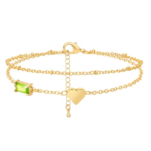 Birthstone Anklet with Heart Charm Layer Ankle Bracelet for Women, 14K Gold Plated Adjustable Chain Stackable Trendy Jewelry Gift for Her, Mom, Friend, Wife - style: 8-August
