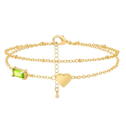 Birthstone Anklet with Heart Charm Layer Ankle Bracelet for Women, 14K Gold Plated Adjustable Chain Stackable Trendy Jewelry Gift for Her, Mom, Friend, Wife - style: 8-August