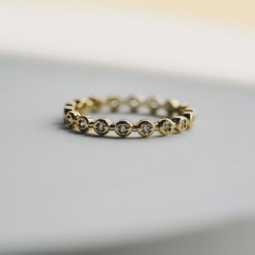 espere Womens Bezel Set Wedding Band | 14K Gold Plated Round Cut CZ Half Eternity Wedding Ring - color: Yellow Gold; Full Eternity Bezel Set
