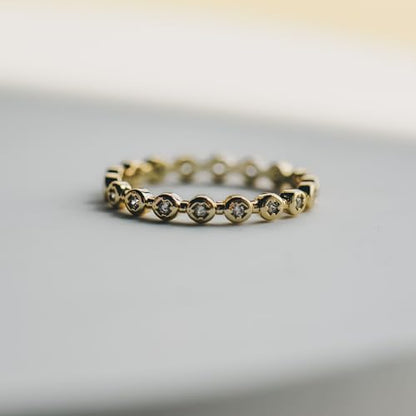 espere Womens Bezel Set Wedding Band | 14K Gold Plated Round Cut CZ Half Eternity Wedding Ring - color: Yellow Gold; Full Eternity Bezel Set