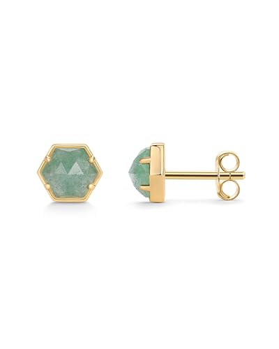 PAVOI 14K Gold Plated Hexagon Gemstone Stud Earrings for Women | Natural Birthstone Earring Pair - color: Green Fluorite