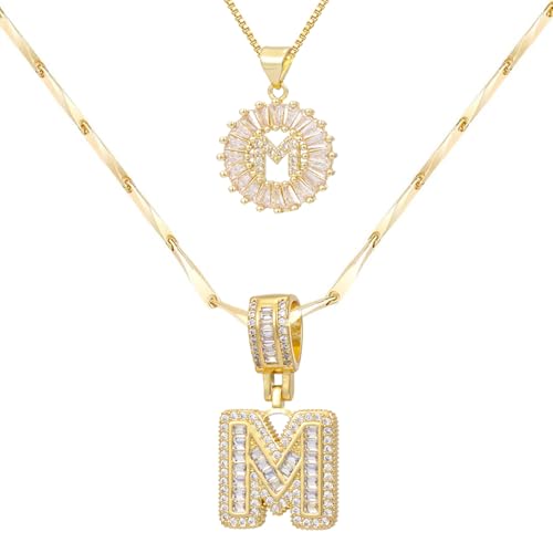 2PCS Initial Necklaces for Women, 14K Gold Plated Letter Pendant Set | Trendy Layered Bling Style, Meaningful Letter & Round CZ Pendant Design - color: Gold, style: Letter M