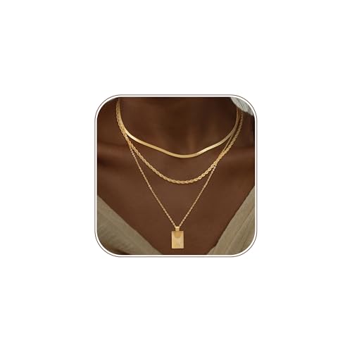 14K Gold Silver Plated Layered Necklaces for Women Trendy | Necklaces for Women Trendy, Stackable Dainty Chain Necklace, Beach Cute Fashion Pendant Choker Necklace, Jewelry Set Gifts - color: 3PCS / Square Pendant & Rope & Snake Chain