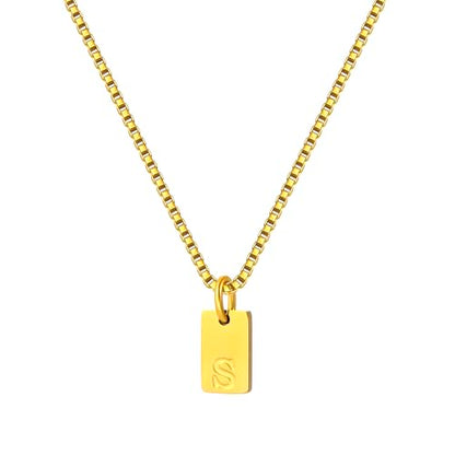 Gold Plated Square Initial Necklace Waterproof A-Z Letter Pendant on Thin Chain - Dainty, Stackable Jewelry for Women - color: Golden-S, size: F