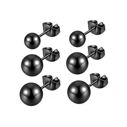 3/4 Pairs Stainless Steel Ball Stud Earrings, High Polished Round Ball Earrings Set for Women & Men 4-10mm - color: Black
