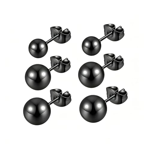 3/4 Pairs Stainless Steel Ball Stud Earrings, High Polished Round Ball Earrings Set for Women & Men 4-10mm - color: Black