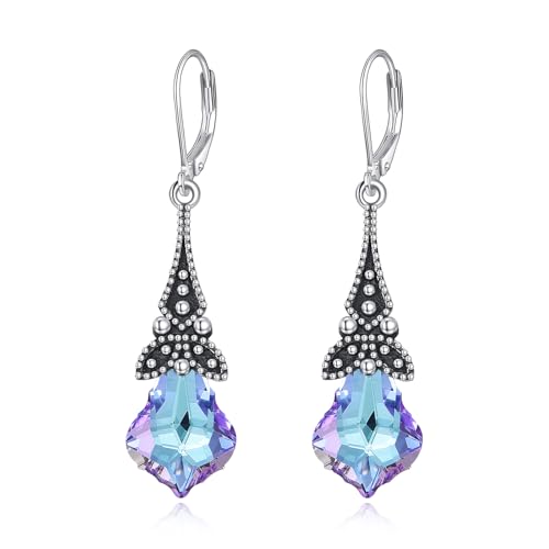 Vintage Crystal Earrings 925 Sterling Silver Retro Dangle Drop Leverback Earrings with Crystla from Austria, Birthday Jewelry Gifts for Women