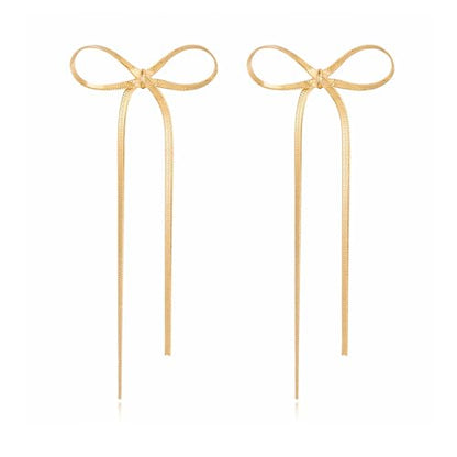 Gold Silver Bow Drop Earrings for Women Long Tassel Chain Bow Earrings Ribbon Bowknot Dangle Earrings Jewelry Gifts - color: Gold Bow A